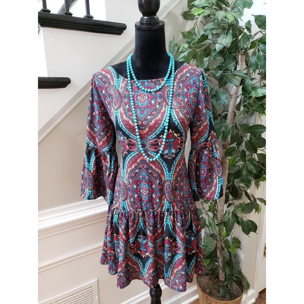 Reckless Angel Womens Multicolor Round Neck Long Sleeve Knee Length Dress Medium